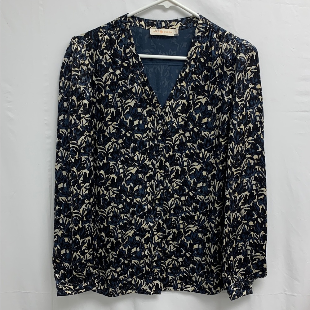 Tory Burch Navy and Cream Floral Top